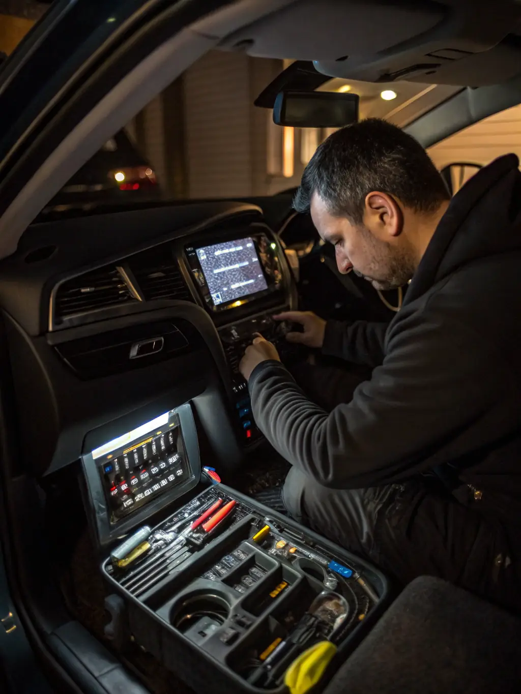 A professional technician installing a car radio in a vehicle, focusing on the hands and tools used during the installation process.