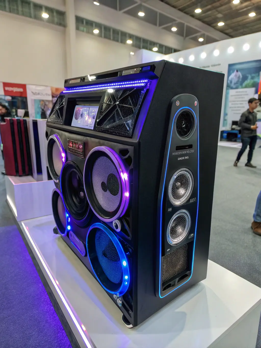 A high-end sound system installed in a car, showcasing speakers and amplifiers, with emphasis on the quality and clarity of the audio components.